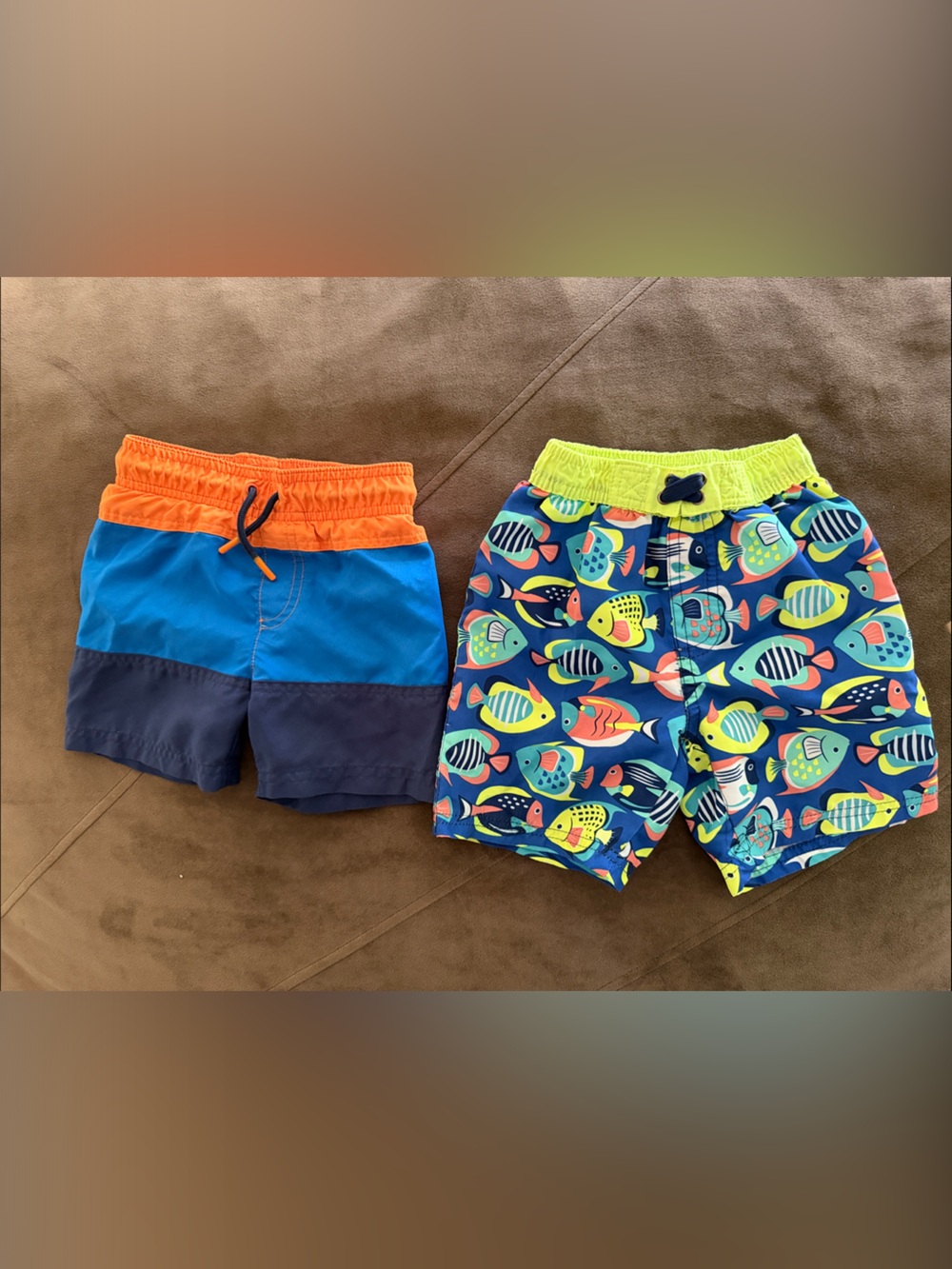 Boys Two-Pack Swim Trunks in Navy/Orange & Multicolor Fish
